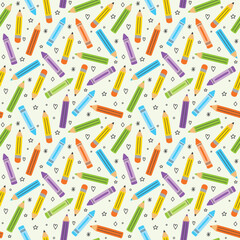 School pattern with hand drawn crayons. Seamless background design. Vector illustration