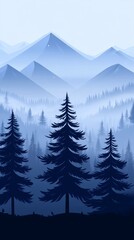 Fototapeta premium Foggy forest in the mountains and hills retro color landscape background for phone wallpapers, media, social samples, banners, and stories.