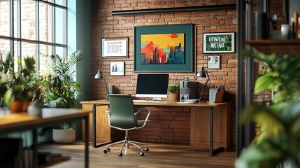 A modern workspace with a digital art frame displaying motivational quotes, enhancing the creative environment