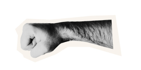 Trendy halftone collage element hand fist male protest. Element cut out hand in fist as a sign of strength. Retro punk design for poster social media banner, flyer