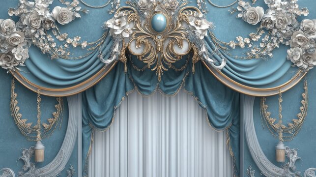 A white and blue mandala ornamental model is placed against a decorative frame backdrop as a 3D ceiling wallpaper.