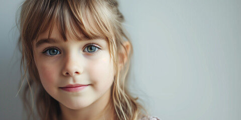 A young girl with large blue eyes and soft bangs gazes calmly into the camera, framed by soft lighting that enhances her innocence