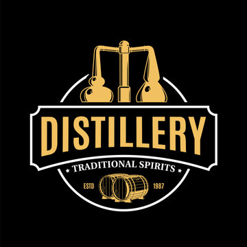 Vector white and yellow vintage distillery logo isolated on a black background