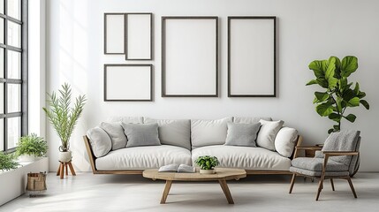 Fototapeta premium A modern living room with a series of empty frames arranged symmetrically on a white wall, adding a touch of contemporary art