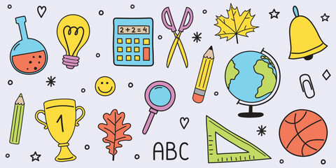 Collection of a hand drawn school stickers. Cartoon stationery icons. Vector illustration