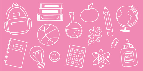 Back to School set with hand drawn elements. Supply icons. Vector illustration