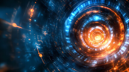 Obraz premium A glowing blue and orange steampunk time vortex tunnel. Steampunk Invention. Illustration