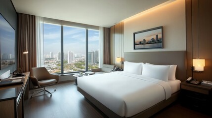 Fototapeta premium Luxurious Hotel Room with Breathtaking City View