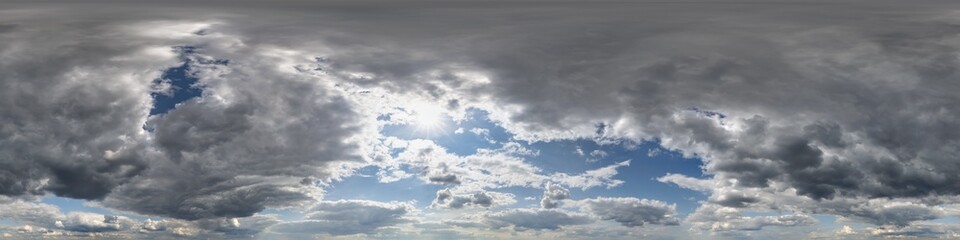 blue evening sky hdri 360 panorama with storm clouds before sunset with zenith for use in 3d graphics as sky dome or edit drone shot as sky replacement