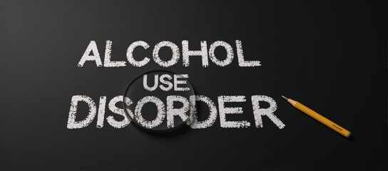 Explore Alcohol Use Disorder Up-close examination of the condition through a 3D illustration featuring a magnified depiction of Alcohol Use Disorder written on a chalkboard