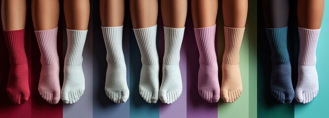 Colorful array of feet in various white socks displayed on vibrant backgrounds