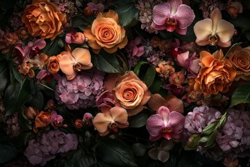 The artificial flowers wall has a vintage style.