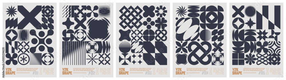 Poster Y2K shape abstract geometric composition in brutalism style, vector minimalistic Posters with silhouette basic figures, Retro futuristic graphic elements of geometrical postmodern figures, black set
