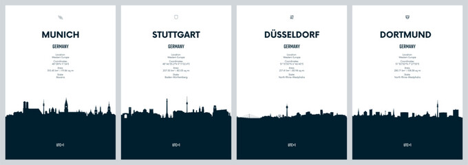 Travel vector set with city skylines Munich, Stuttgart, Dusseldorf, Dortmund detailed city skylines minimalistic graphic artwork