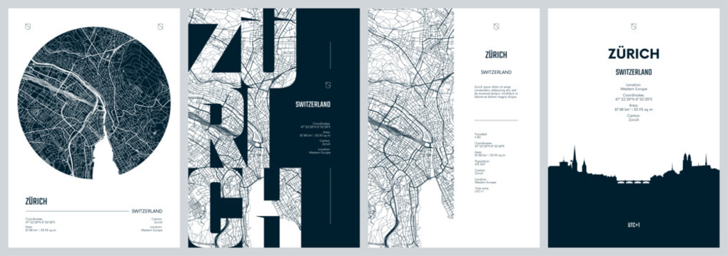 Set of travel posters with Zurich, detailed urban street plan city map, Silhouette city skyline, vector artwork