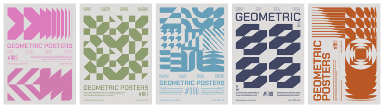 Geometric art colorful trendy poster, abstract kaleidoscope composition graphic in Y2K aesthetics, vector simple shapes rave print artwork modernism and minimalistic brutal style A4 format set 2