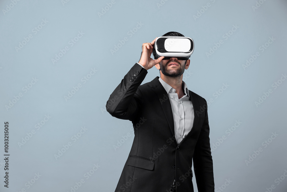 Aufkleber caucasian business man planning financial plan while using vr goggle. professional project manager s