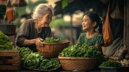 old women and child with lettuce at the market