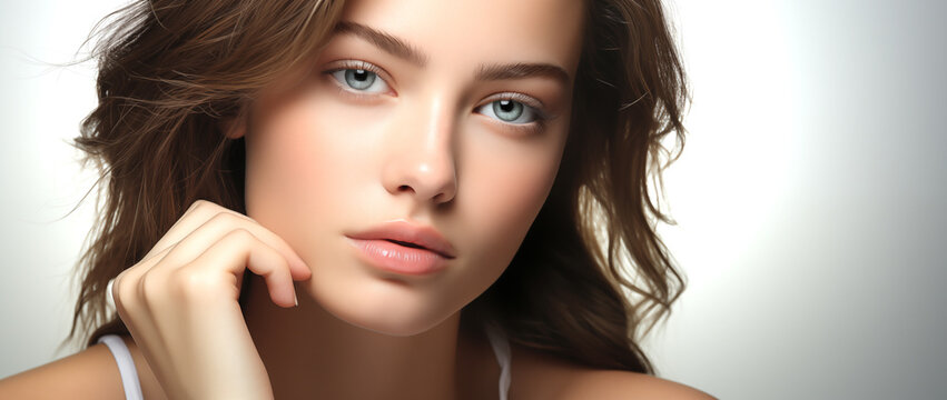 Una mujer con un rostro hermoso se muestra con las manos sobre su rostro.
Concepto de belleza y elegancia, ya que se resaltan y enfatizan los rasgos de la mujer.