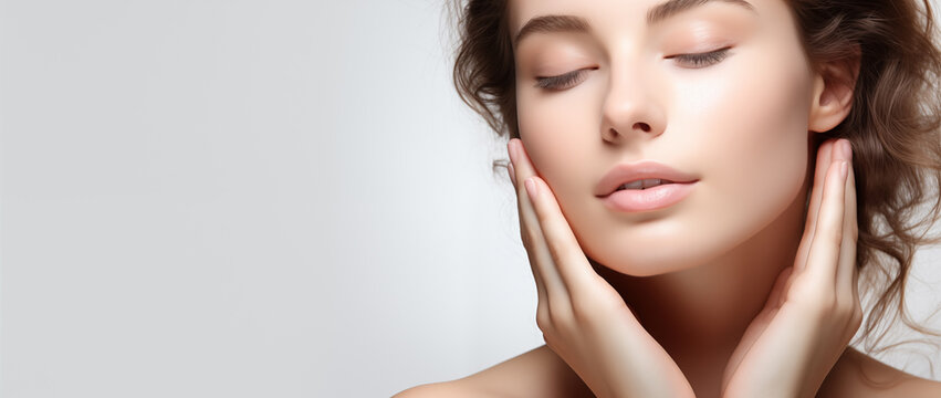 Una mujer con un rostro hermoso se muestra con las manos sobre su rostro.
Concepto de belleza y elegancia, ya que se resaltan y enfatizan los rasgos de la mujer.