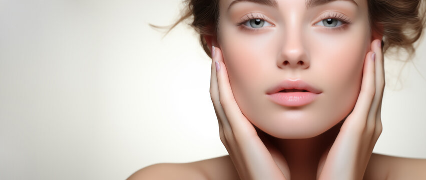 Una mujer con un rostro hermoso se muestra con las manos sobre su rostro.
Concepto de belleza y elegancia, ya que se resaltan y enfatizan los rasgos de la mujer.