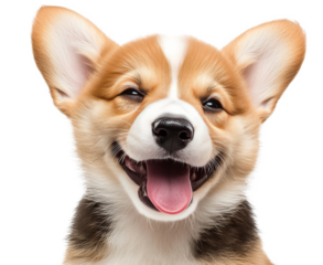 Happy corgi puppy lying on a white background, showcasing its playful nature in a bright atmosphere
