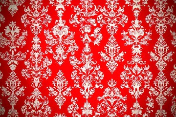 On a white background, red damask wallpaper vintage flock has a retro vintage style design