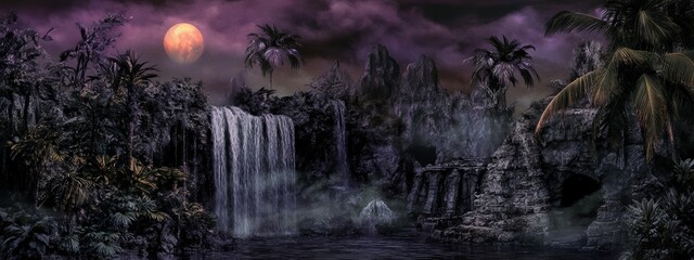 Tropical leaves and palm trees with a dreamy sunset lagoon jungle landscape, ideal for backgrounds and wallpapers