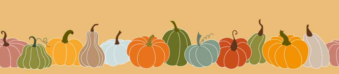 Autumn endless border with colorful pumpkins on a yellow background. Hand-drawn illustration for textiles, packaging, paper. Seamless vector background. Seamless Repeat Pattern.