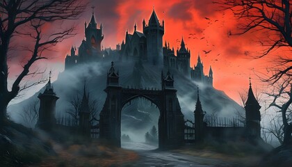 Naklejka premium Gothic Horror Vampire Castle with Blood Red Sky, Bats, Misty Entrance, and Surrounded by Bare Trees