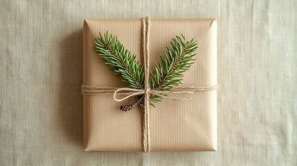 A minimalist gift wrapping design featuring plain brown paper, tied with a simple twine bow and a small pine branch for a natural look