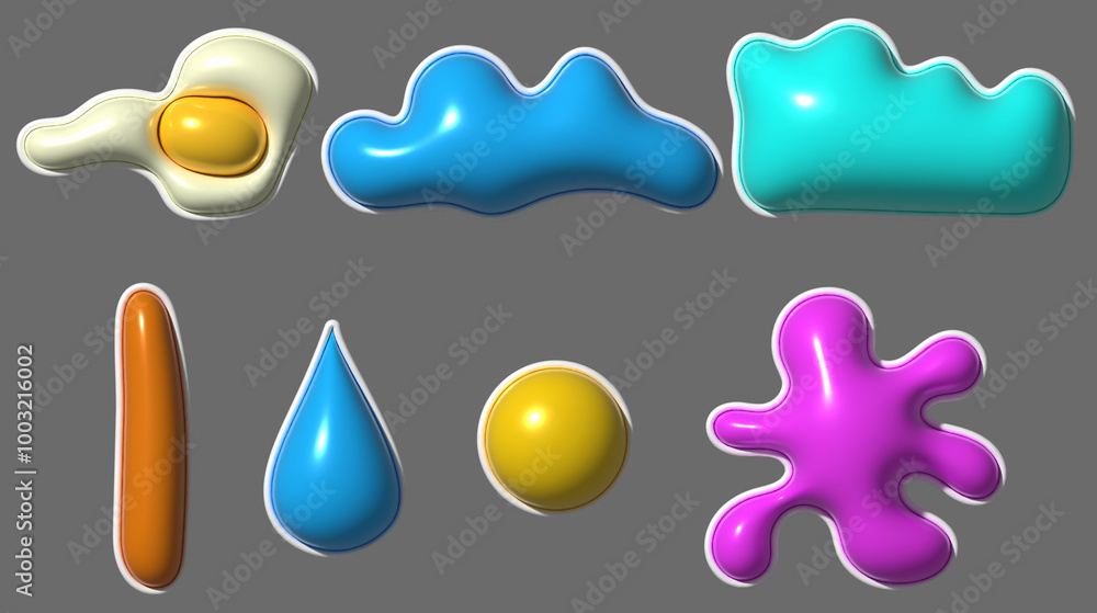 Poster various inflated figures with shiny surface on gray background, 3d rendering illustration