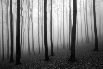 Naklejka premium An autumn landscape with trees covered in fog is perfect for wallpapers