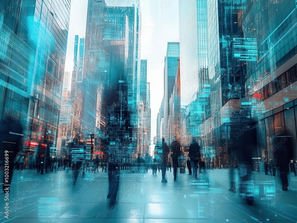 Poster futuristic urban street scene with ai facial recognition overlay. diverse crowd walking amidst tower