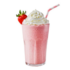 strawberry milkshake topped with whipped cream and a straw isolated on transparent background