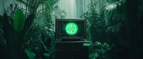 Retro futuristic wallpaper featuring neon green airlock hatch surrounded by tropical trees. 3D illustration with a style reminiscent of synthwave.