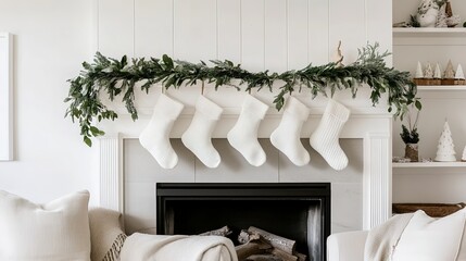 A minimalist Christmas mantel decor with just a few stockings and a single strand of garland, creating a clean and uncluttered look