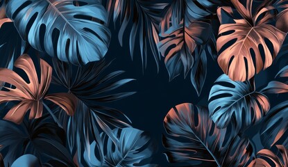 Photo wallpaper for the interior with tropical patterns of leaves. Painted tropical leaves. Wall decor. A mural for the room. Wallpaper with tropical patterns of leaves.