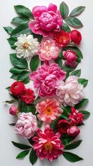 Peonies and roses on soft color background, romantic feminine composition, wedding invitation concept.