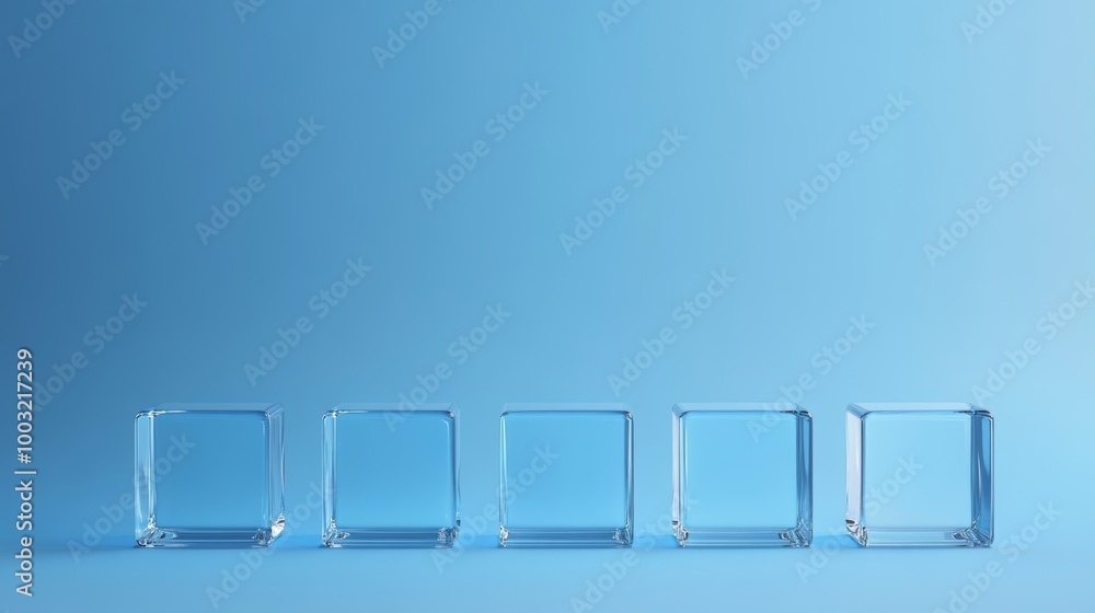 Poster rendering of translucent blocks on a blue surface. a futuristic technology concept with space for te