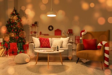Interior of living room with Christmas tree, cozy furniture and glowing lamp at night