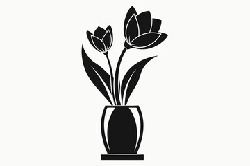 Tulip flower in vase silhouette black Vector art illustration