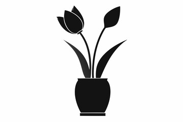 Tulip flower in vase silhouette black Vector art illustration