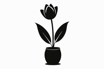 Tulip flower in vase silhouette black Vector art illustration
