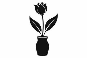 Tulip flower in vase silhouette black Vector art illustration