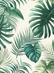 The tropical plant background design is an illustration in water color isolated over a beige background.
