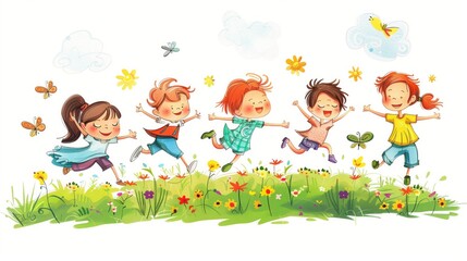 A group of children are playing in a field, jumping and laughing