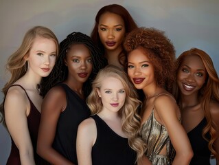 Obraz premium diverse group of women with varying skin tones, features, and styles. soft, flattering lighting enhances their natural beauty. unified by confident, radiant expressions.