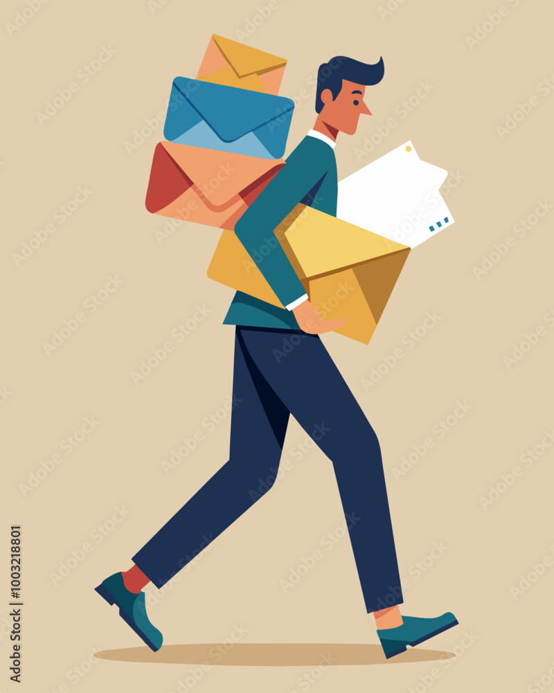 Poster a person carrying a stack of envelopes each one filled with a different debt repayment amount on the