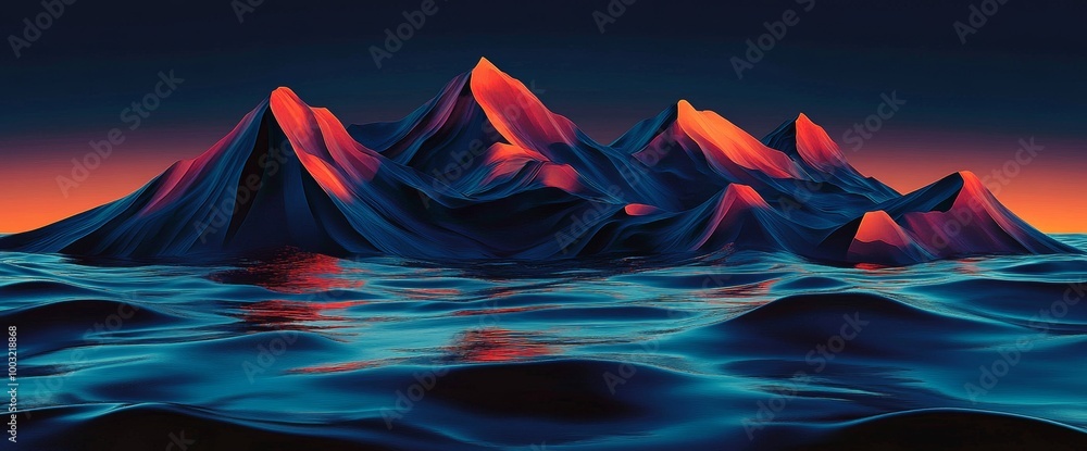 Poster this 3d render shows a panoramic sunset scene with cliffs reflecting in the water. this is an abstra